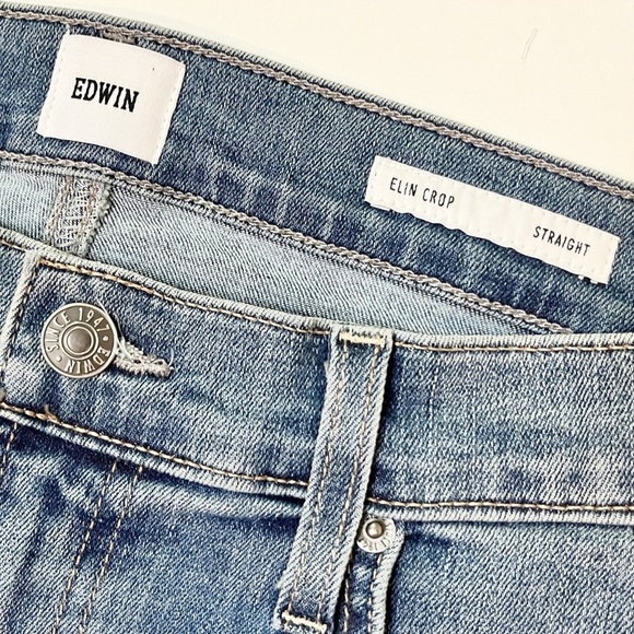 Edwin Elin Crop Straight Jeans 32 14 distressed stretch medium wash blue denim - Picture 7 of 14